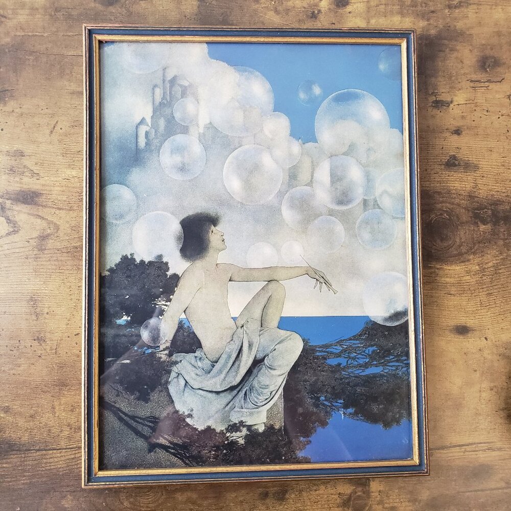 AIR CASTLES Maxfield Parrish antique lithograph print in art deco frame